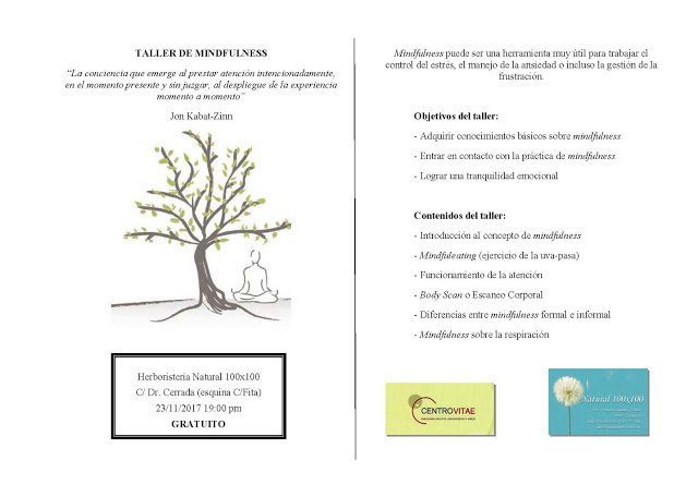 23 de noviembre: «Taller de Mindfulness», nuevo taller gratuito de Centro Vitae Psicología con Natural 100×100